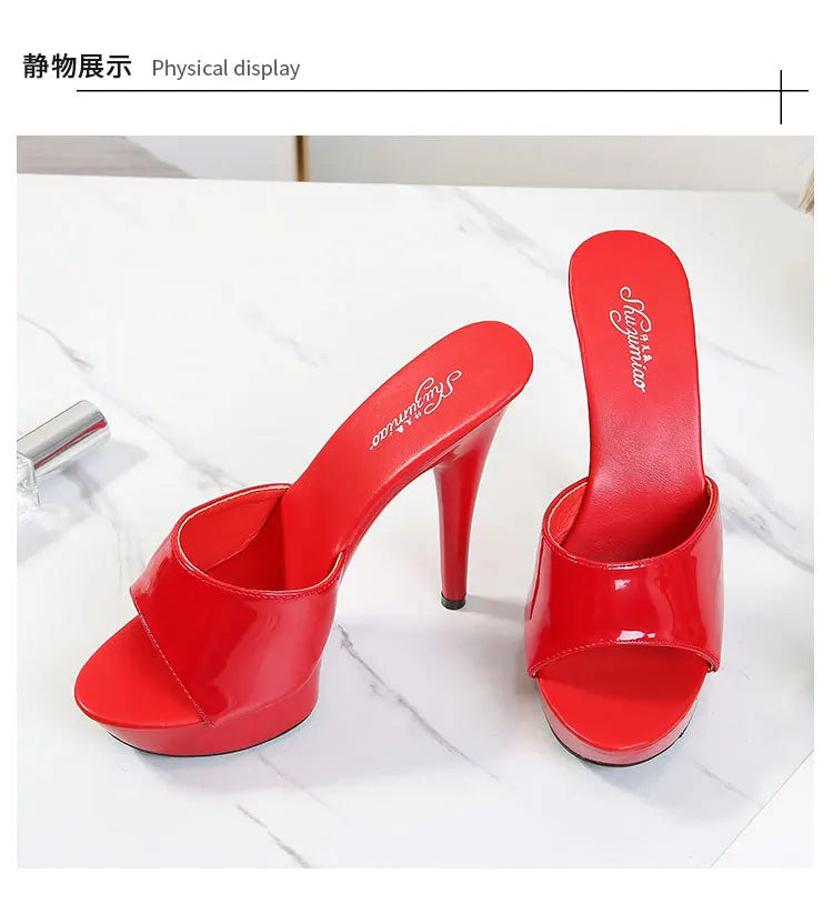 13CM Woman Slippers Mule Patent Leather Sandals Sexy Fashion Slides Party Shoes for Women Luxury Black Summer Platform Sandals
