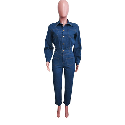 Streetwear Denim Jumpsuits Autumn Clothing Women Full Sleeve Button Up Jeans Long Rompers Playsuits One Pieces Overalls Outfits