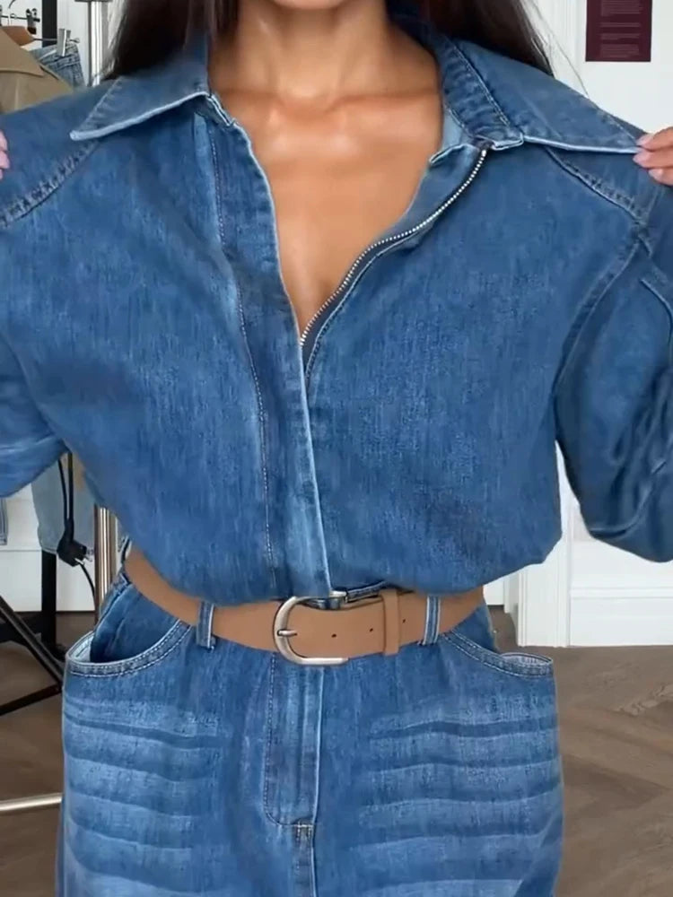 Casual Denim Long Jumpsuits Women Lapel Long Sleeves Zipper Belts Loose Pants Bodysuits Female 2026 Autumn New Chic Streetwears