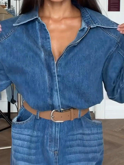 Casual Denim Long Jumpsuits Women Lapel Long Sleeves Zipper Belts Loose Pants Bodysuits Female 2026 Autumn New Chic Streetwears