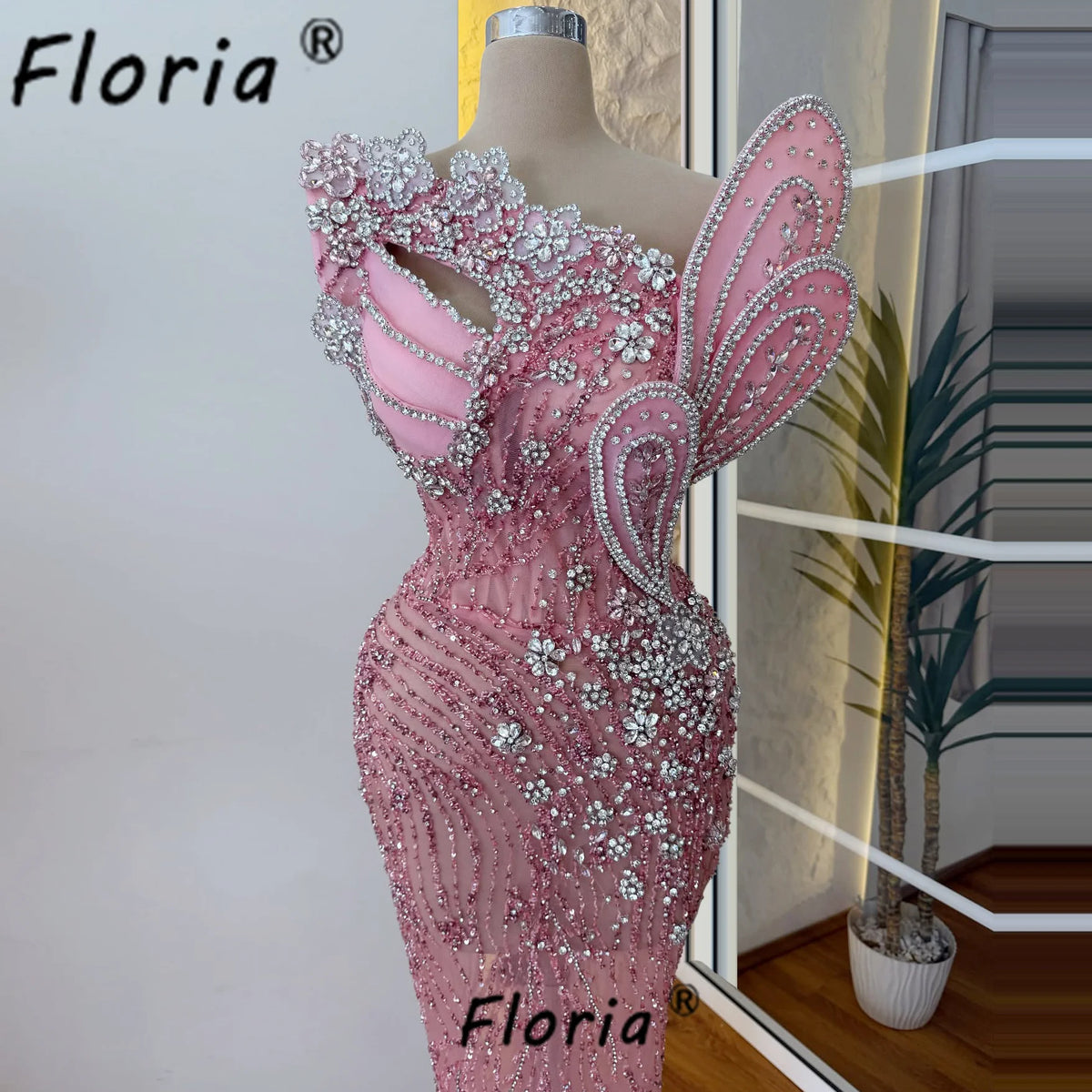 Luxury Pink Wedding Dress Beaded Crystal Appliques 3D Mermaid Bride Party Gowns Prom Customized African Woman Vestidos De Gala
