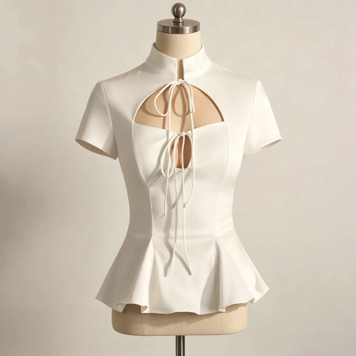 LIMO Elegant White Lace Up Peplum Top, Mandarin Collar Cutout Blouse, Women's Y2K Party Clubwear