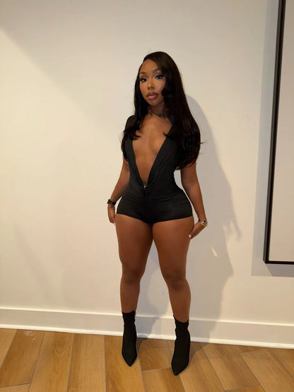 2026 Spring New Ruched Deep V Bodycon One Piece Rompers Women Short Sleeve Slim Jumpsuits Sexy Baddest Solid Color Overalls