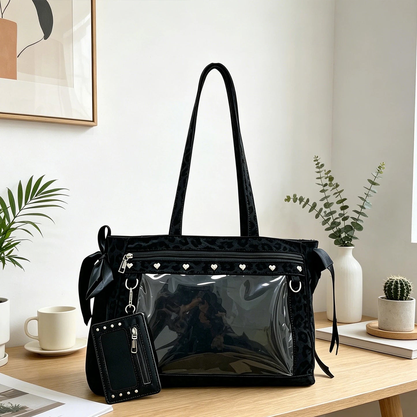 Women PU Leather Leopard Pattern Shoulder Bag with Ita Card Purse Pin Display Ribbon Ita Bags Daily Shopping Dating Shoulder Bag