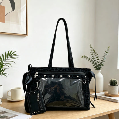 Women PU Leather Leopard Pattern Shoulder Bag with Ita Card Purse Pin Display Ribbon Ita Bags Daily Shopping Dating Shoulder Bag