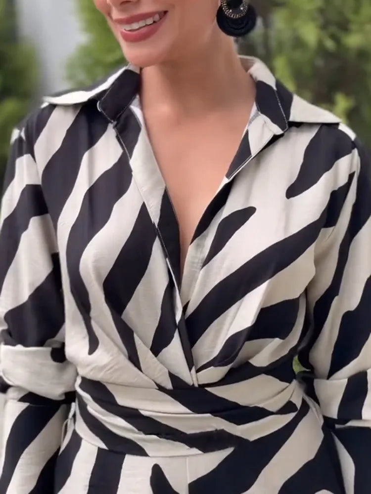 UOOZEE 2026 New Zebra Printed Lapel Jumpsuits For Women Long Sleeves High Waisted Wide Leg Urban Casual Office Commute Overalls