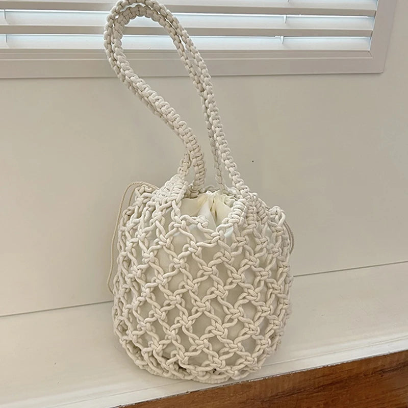 Summer Beach Bag For Women Mesh Rope Knitted Bucket Shoulder Bags  Reticulate Hollow Travel Shopper Totes Ladies Fashion Handbag
