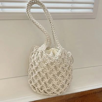 Summer Beach Bag For Women Mesh Rope Knitted Bucket Shoulder Bags  Reticulate Hollow Travel Shopper Totes Ladies Fashion Handbag