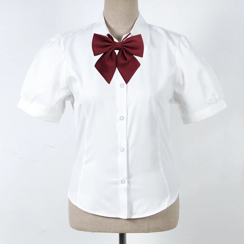 Summer Girls College Style Uniform Suit White Puff-Sleeve Shirt with Bow Slim Waist Skirt Set Women's Short-Sleeve Top And Skirt