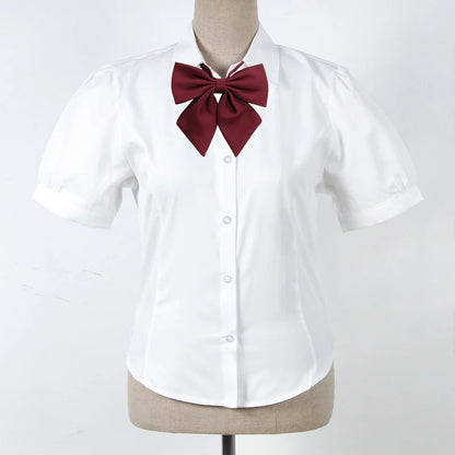 Summer Girls College Style Uniform Suit White Puff-Sleeve Shirt with Bow Slim Waist Skirt Set Women's Short-Sleeve Top And Skirt