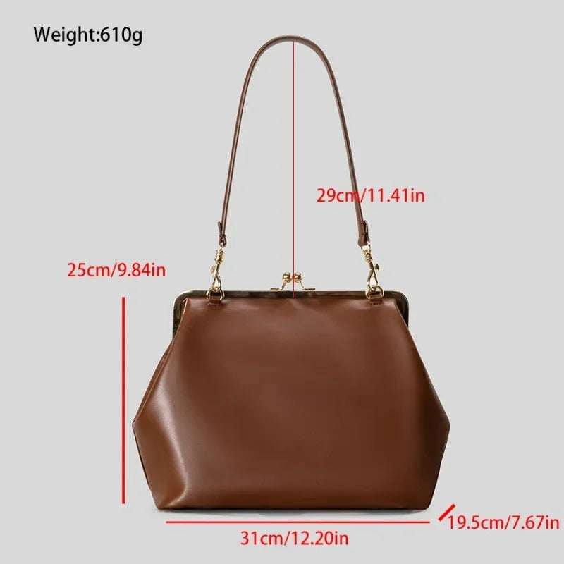 2026 Retro Leather & Straw Woven Bag – Kiss Lock Frame Shell Clutch, Large Capacity Shoulder Tote for Commute Beach Evening