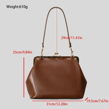 2026 Retro Leather & Straw Woven Bag – Kiss Lock Frame Shell Clutch, Large Capacity Shoulder Tote for Commute Beach Evening