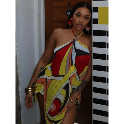 Colorful Print Mini Dress Woman Summer Trend Metal Ring Patchwork Halter Off Shoulder Backless Sexy Fashion Style Bodycon