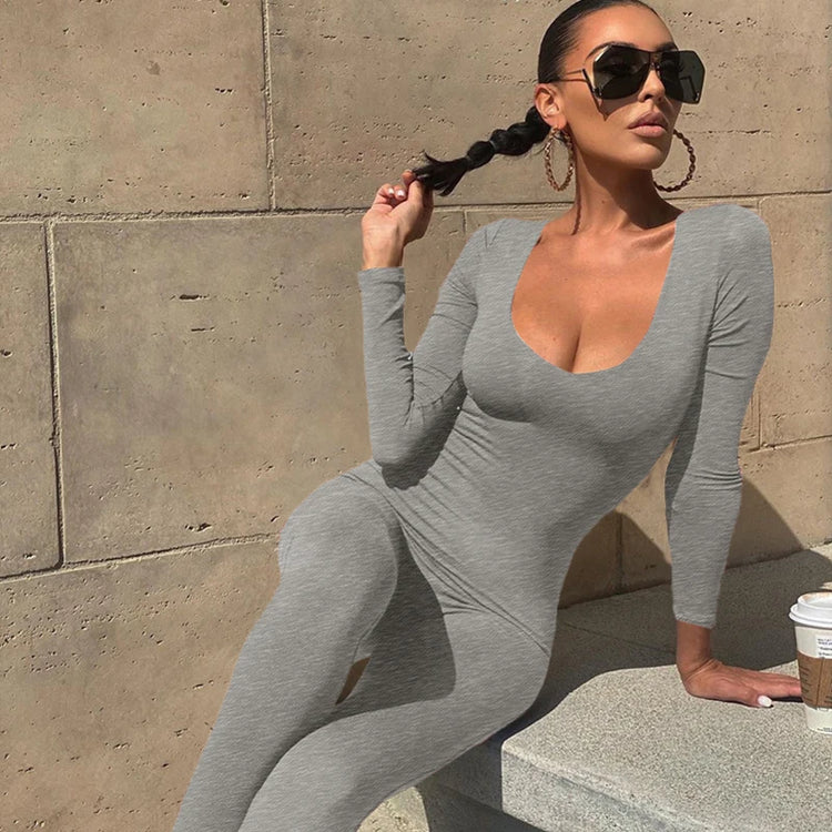Hugcitar 2025 Square Collar Solid Long Sleeve Stretchy Bodycon Jumpsuits Winter Women Fashion Romper Streetwear Sport Wholesale