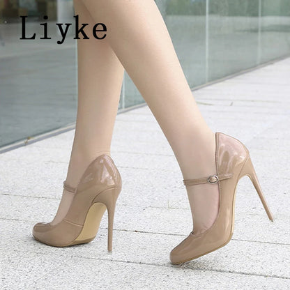 Liyke Big Size 44 45 46 Patent Leather Stiletto High Heels For Ladies Party Prom Shoe Fashion Round Toe Buckle Strap Women Pumps