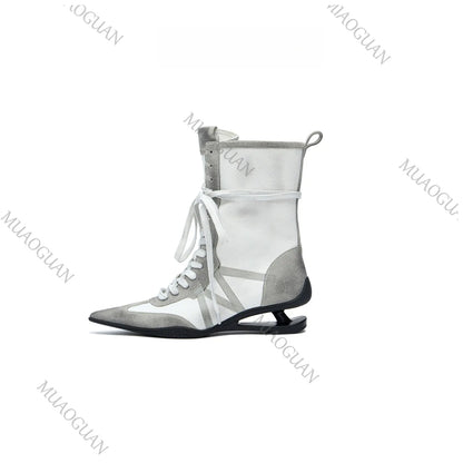 Fashion Strange Heel Women Knight Boots Pointed Toe Retro High Heel Ankle Booties Female Cross-tied Street Style Comfort Shoes