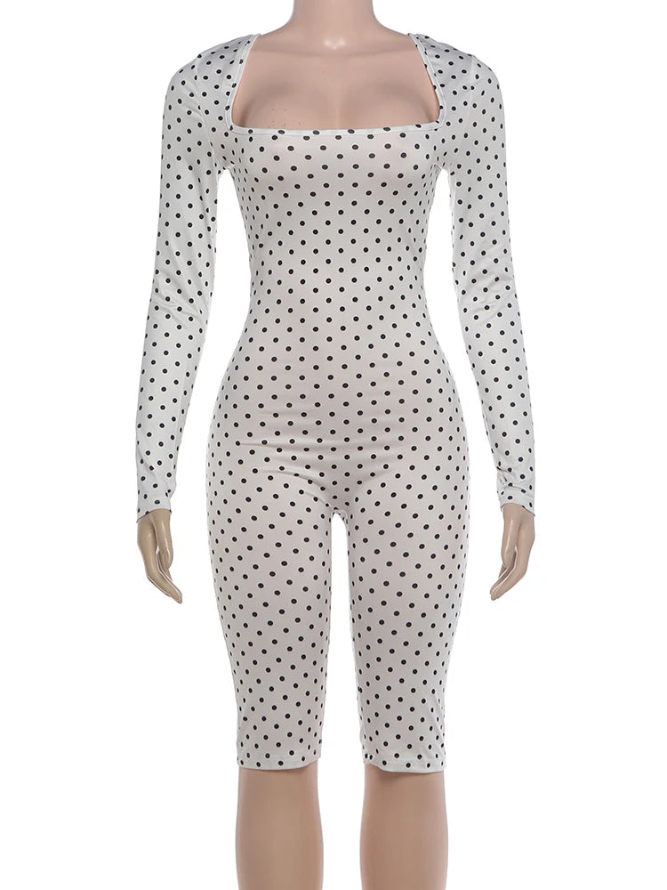 Weird Puss Sexy Fashion Playsuits Woman Polka Dot Print Square Collar Full Sleeve Skinny Peach Hip Midnight Club Party Rompers