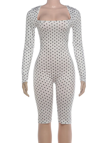Weird Puss Sexy Fashion Playsuits Woman Polka Dot Print Square Collar Full Sleeve Skinny Peach Hip Midnight Club Party Rompers