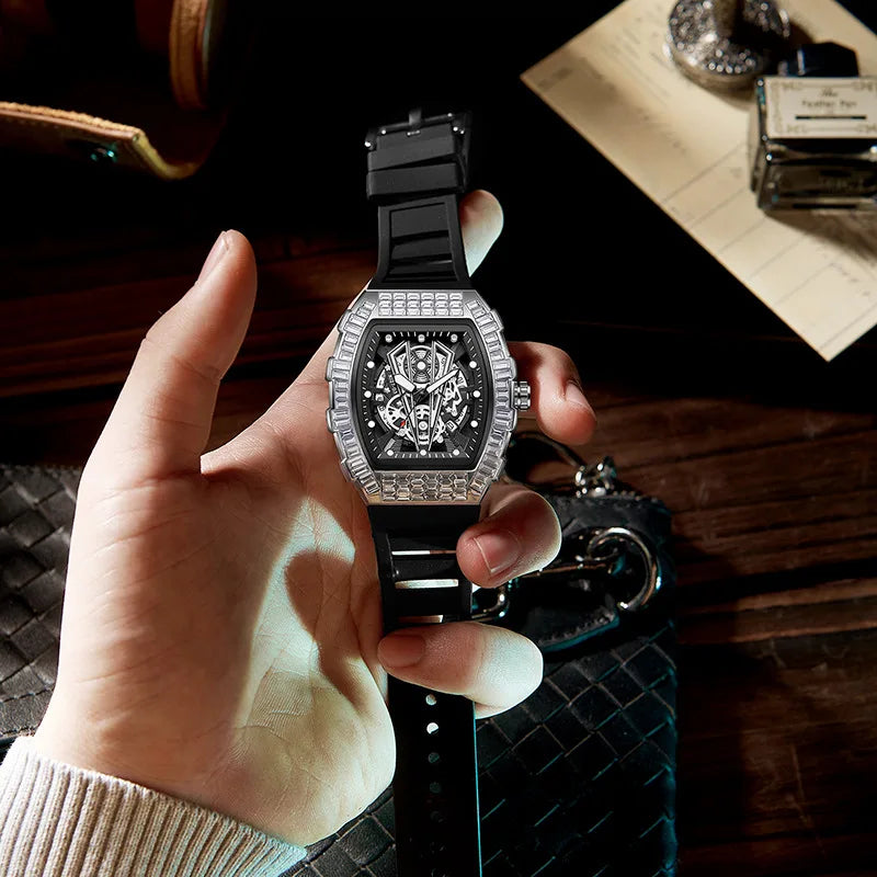 Classic Tonneau Full Diamond Case Quartz Watch Mens Fashion Top Casual Dial Rubber Personalize Watches  AAA Male Clock Relogio