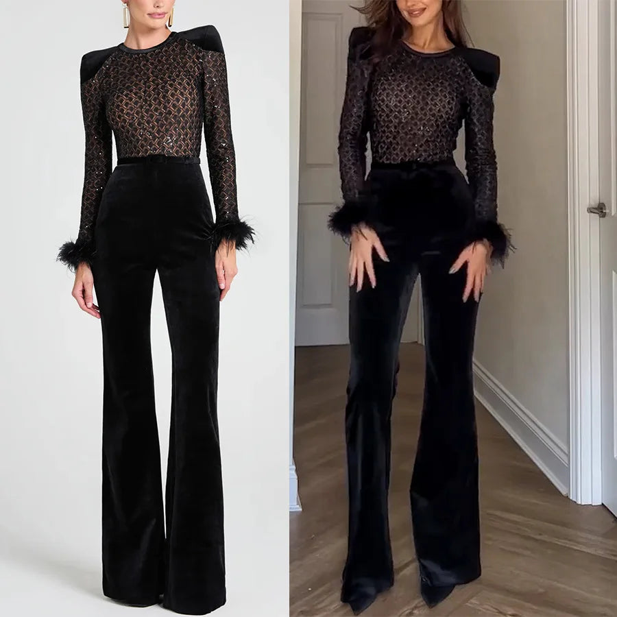 New Women's Fashion Long Sleeve Round Neck Gold Velvet Patchwork Sexy Jumpsuit Ladies Solid Color Slim Fit Jumpsuit For Women