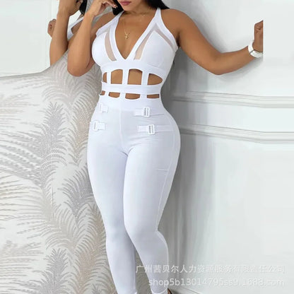 Sexy White Hollow Out Tie Neck Bodysuit Jumpsuit Bodycon Overall Playsuit Spring Summer