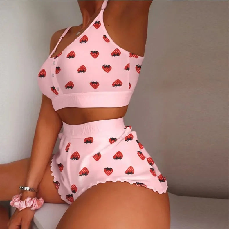 Summer Pajama Sets for Women Sleepwear Strawberry Printed Lace Sling Crop Tops and Shorts 2-Piece Set Loungewear Pijamas
