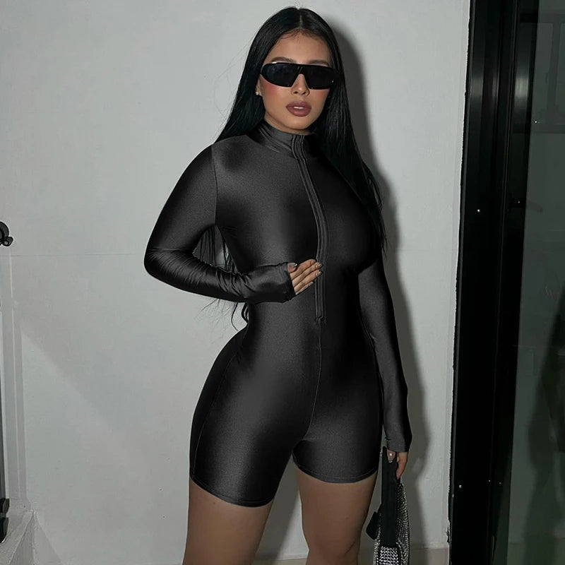 Hugcitar Solid Turtleneck Long Sleeve Zip Up Sexy Slim Skinny One Piece Playsuit 2024 Fall Women Fashion Streetwear Party Romper