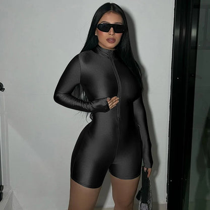 Hugcitar Solid Turtleneck Long Sleeve Zip Up Sexy Slim Skinny One Piece Playsuit 2024 Fall Women Fashion Streetwear Party Romper