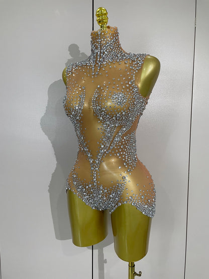 Sexy Stage Sparkly Rhinestone Mesh See Through Crystal Bodysuits Women Luxury Birthday Dancer Nightclub Bar Performance Outfit
