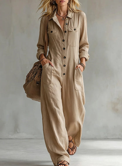 Retro Lapel Buttoned Pocket Solid Loose Commuting Pocket Jumpsuit Women Autumn New Vacation All-match Jumpsuits Women's Clothing