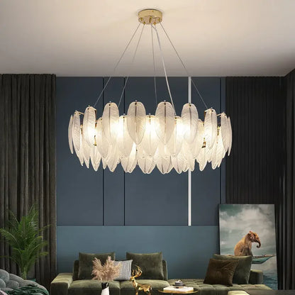 Luxury Villa Led Chandelier Feather Glass Gold Metal for Living Dining Table Room Bedroom Pendant Lights Home Decor Lustre Lamp
