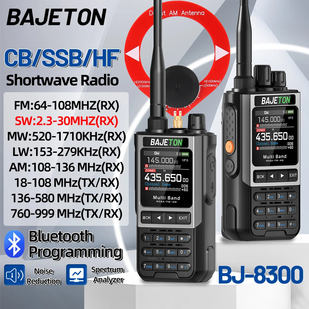 BAJETON BJ-8300 10W Ham Radio HF SSB CB Walkie Talkie AM USB LSB CW Bluetooth Phone Programming Portable Shortwave Two Way Radio