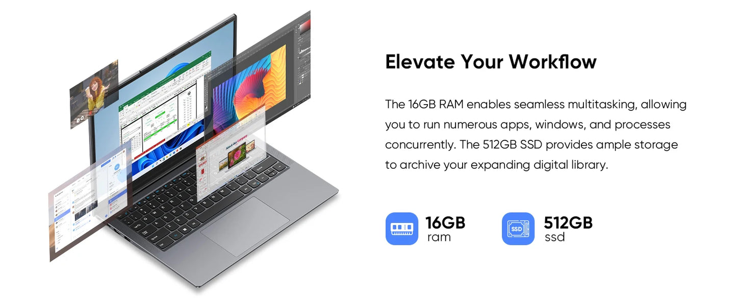Windows 11 Pro Laptop with 14.1" 2K Screen, 16GB RAM, 512GB SSD, Intel Core Processor, Ultra-Thin and Light Notebook