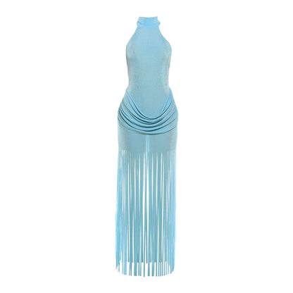 Weird Puss Halter Turtleneck Dress Women Velvet Ruched Patchwork Tassel Hem Elegant Sexy Backless Valentine's Day Party Bodycon