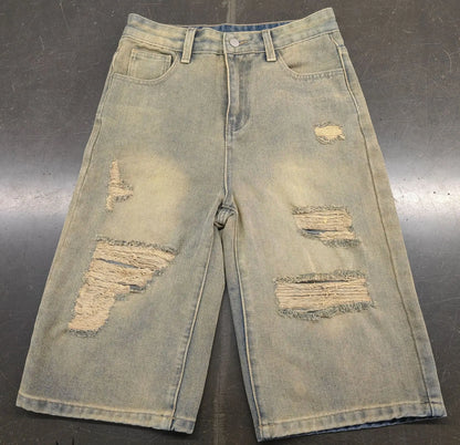 Europe America Summer New High-waisted Loose, Vintage, Ripped Denim Mid-length Straight-leg Wide-leg Pants. Casual Denim Shorts