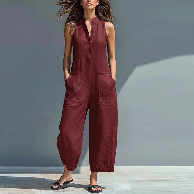 Summer Sleeveless Jumpsuit Women V Neck Solid Color Pocket Cotton Linen Long Pants Jumpsuits Women Romper Commuting Playsuits