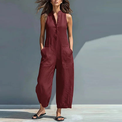 Summer Sleeveless Jumpsuit Women V Neck Solid Color Pocket Cotton Linen Long Pants Jumpsuits Women Romper Commuting Playsuits