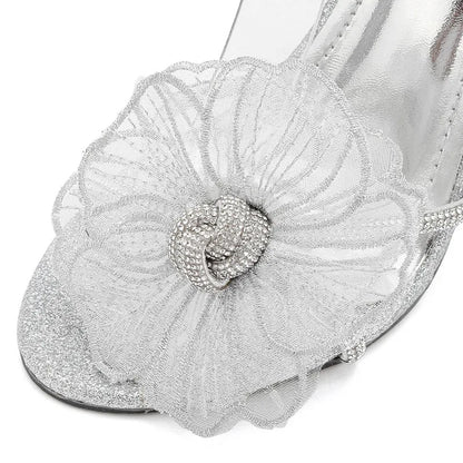 2025 Summer New brand Luxury Rhinestones Flowers Women Sandals Fashion Sequined Ankle Strap Stiletto High heels Female Shoes