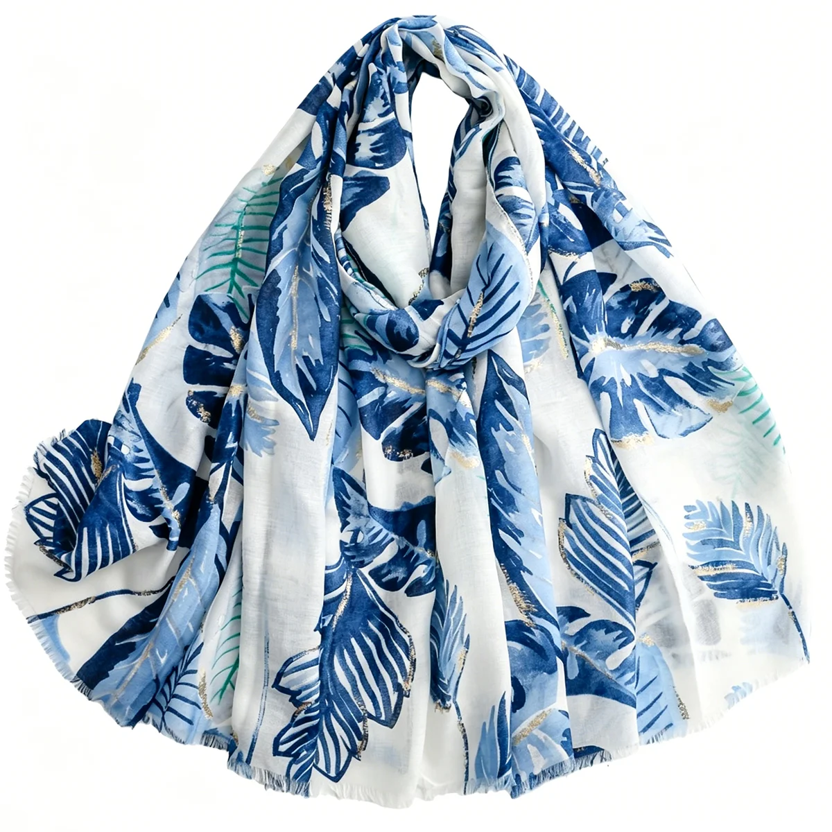 Women's Blue Tropical Leaf Printed Scarf, Lightweight Raw Edge Shawl with Gold Line Decor, 180x88cm Fashion Neck Wrap for Daily