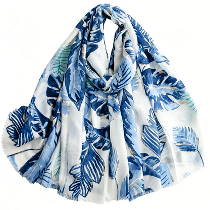 Women's Blue Tropical Leaf Printed Scarf, Lightweight Raw Edge Shawl with Gold Line Decor, 180x88cm Fashion Neck Wrap for Daily