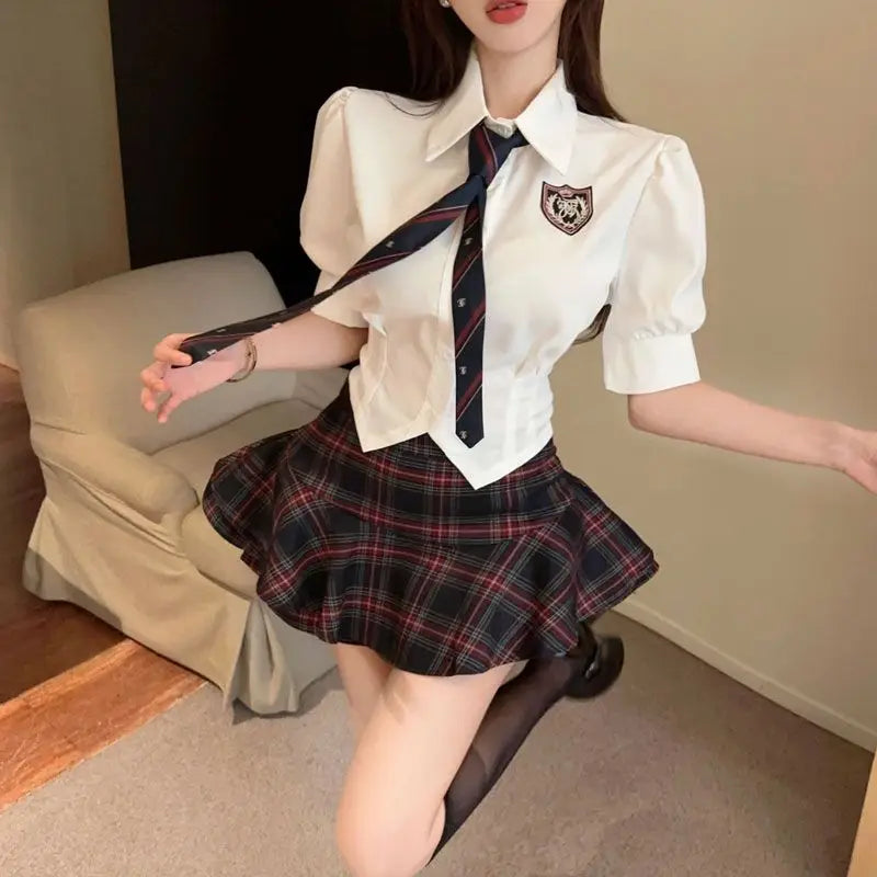 2025 improved cute sexy korea jk suit women autumn jk school uniform women shirt plaid pleated half skirt fashion two-piece set