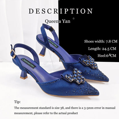 Queen Yan New Arrival Mature Style Embroider and Rhinestone Design Party Wedding Pointed Toe High Heel and Bag Set in Navy Blue