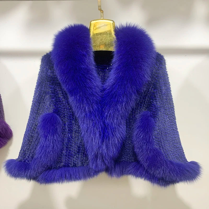 Autumn Winter Ladies' Genuine Knitted Mink Fur Shawls Fox Fur Collar Women Fur Pashmina Wraps Bridal Cape Coat Jacket