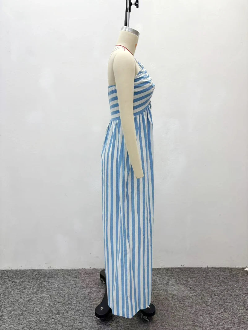 African Fashion Women Casual Jumpsuit Striped Printed V Neck Sleeveless Hollow Out Back Wide Leg Jumpsuits