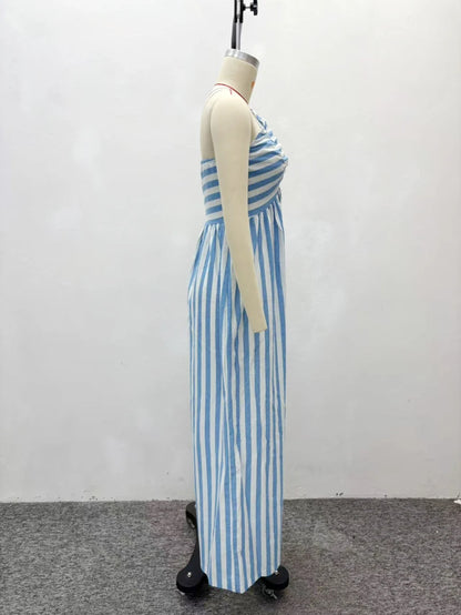 African Fashion Women Casual Jumpsuit Striped Printed V Neck Sleeveless Hollow Out Back Wide Leg Jumpsuits