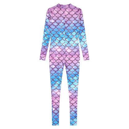 Womens Rash Guard One Piece Swimsuit Mermaid Fish Scale Print Long Sleeve Back Zipper Full Body Tops Sexy Swimwear Jumpsuit