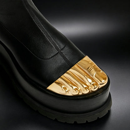 Women's Golden Five Toes Catwalk Ankle Boots Chunky Platform Genuine Leather Sexy Long Stretch Skinny Shoes for Women