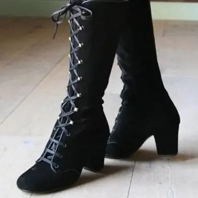2024 Medieval Women's Casual Riding Boots Winter Lace Up Suede Long Tube Knight Boot Female High Heel Cowboy Shoes Mid-Calf Sexy