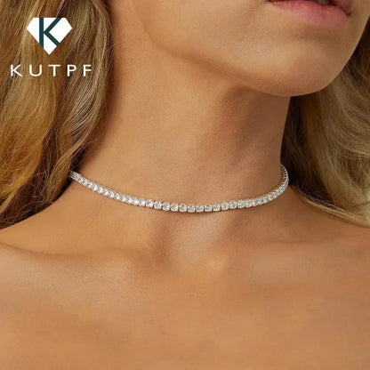 2mm All Moissanite Tennis Necklace for Women 925 Silver Plate 18K Gold Choker Chain Sparking Diamond Riviera Necklace Adjustable
