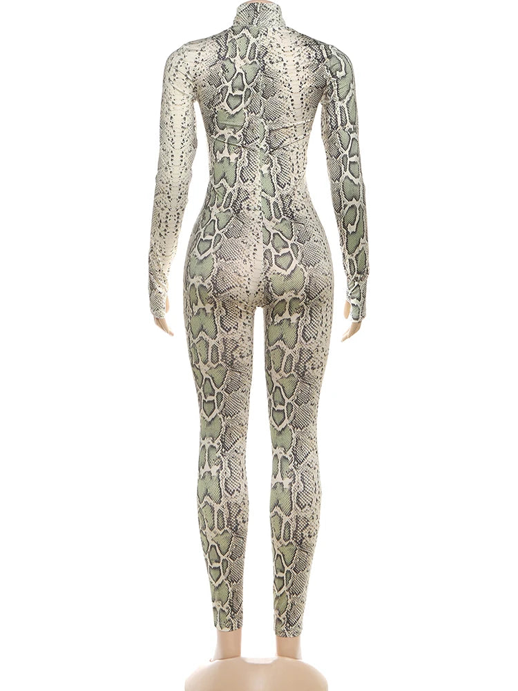Nibber Peach Hip Jumpsuits Woman Sexy Hollow Serpentine Print o-Neck Full Sleeve Skinny Midnight Club Party Coquette Overalls